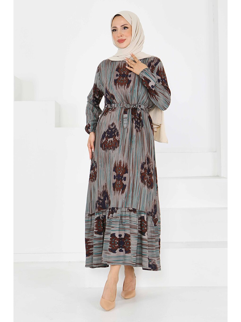 Yeşil Desenli Kuşaklı Elbise Yesil - 27558-3