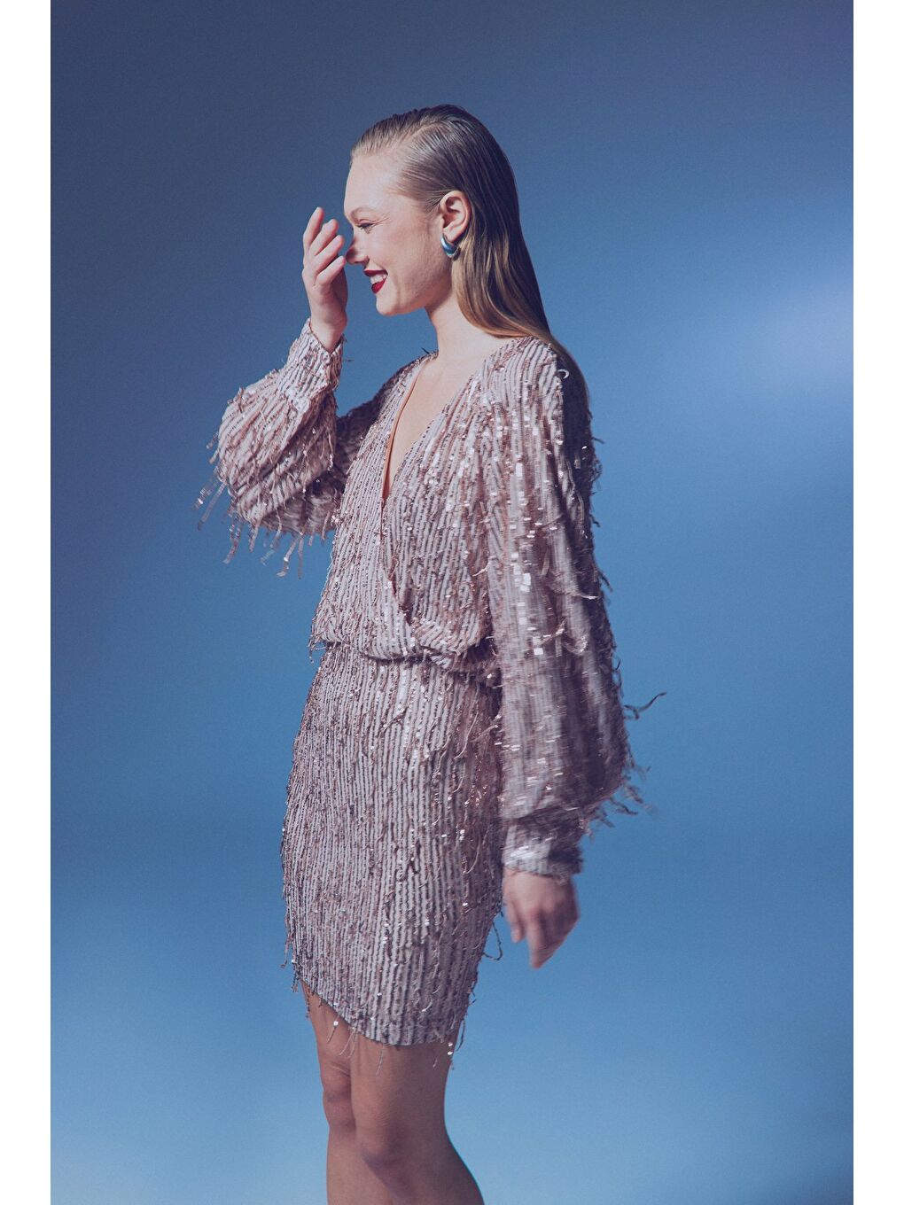 Turuncu Kruvaze Payetli Bodysuit Bluz - Bakır-5