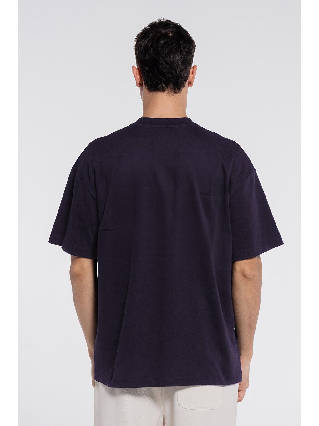 Mavi Dark Blue Erkek %100 Pamuk Ekstra Oversize Bisiklet Yaka Tişört-1