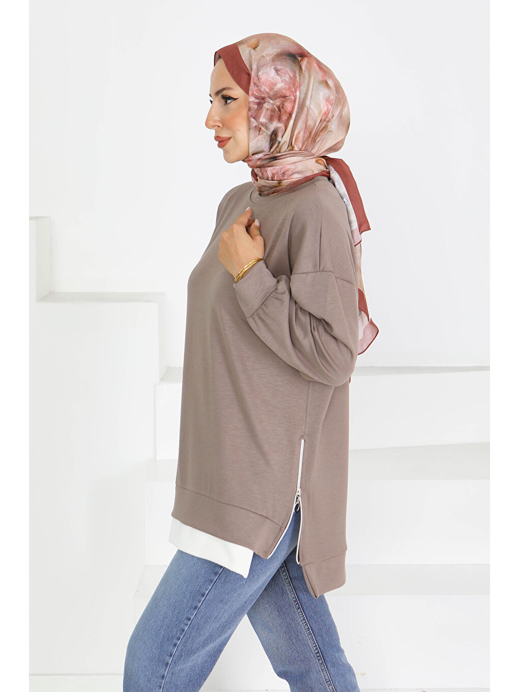 Bej Garnili Fermuarlı İki İplik sweatshirt Vizon - 27610-2