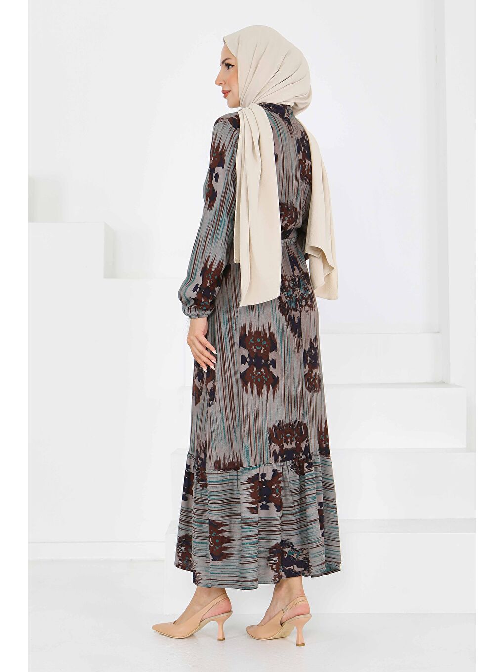 Yeşil Desenli Kuşaklı Elbise Yesil - 27558-4