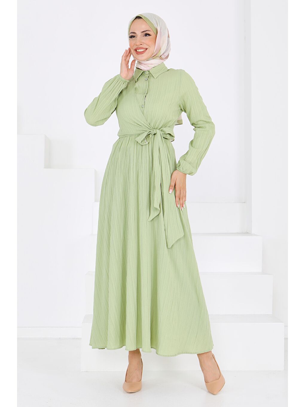 Çapraz Bağlama Bilekte Lastik Detaylı Dokuma Elbise Haki - 27606-1