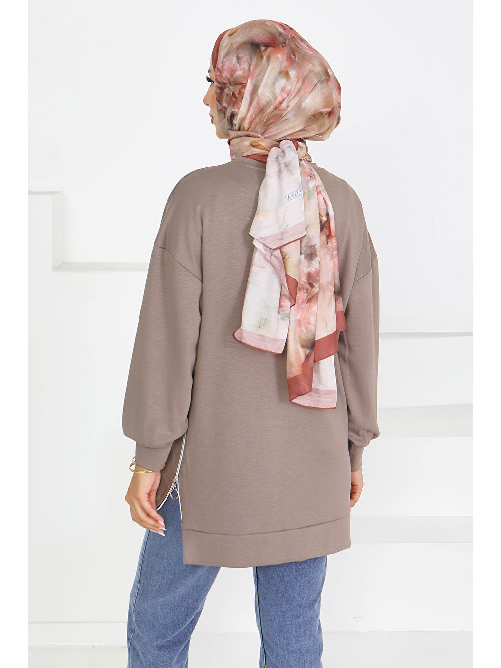 Bej Garnili Fermuarlı İki İplik sweatshirt Vizon - 27610-3