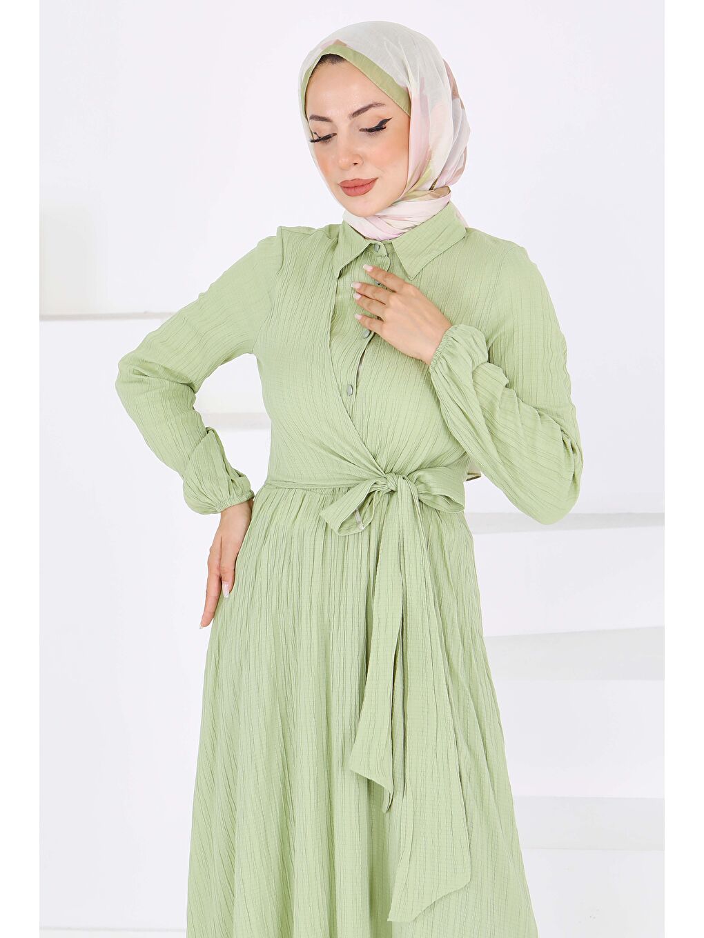 Çapraz Bağlama Bilekte Lastik Detaylı Dokuma Elbise Haki - 27606-2