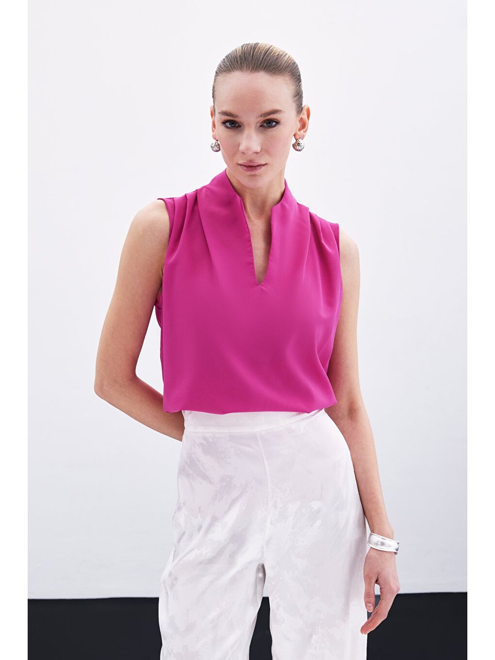 Hakim Yaka Kolsuz Bluz - Fuşya