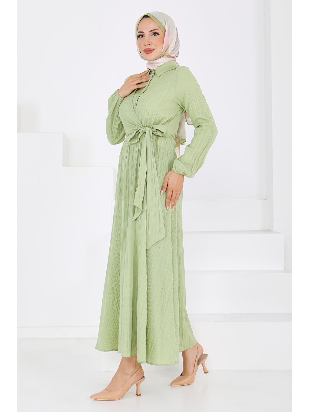 Çapraz Bağlama Bilekte Lastik Detaylı Dokuma Elbise Haki - 27606-3