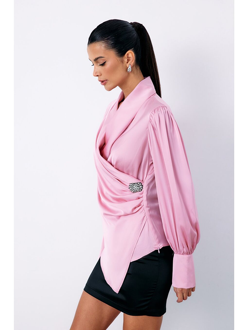 Broşlu Kruvaze Bluz - Pembe-2