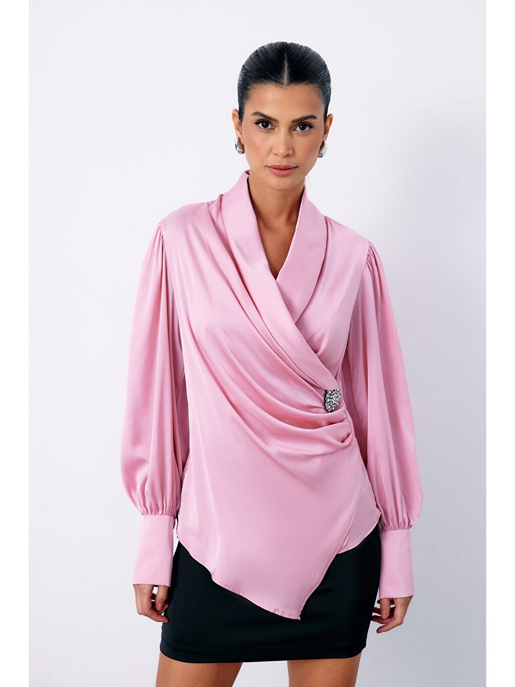 Broşlu Kruvaze Bluz - Pembe-3