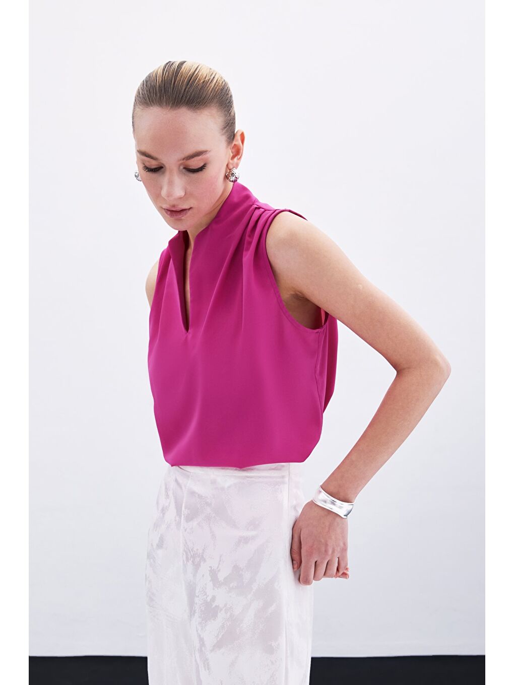 Hakim Yaka Kolsuz Bluz - Fuşya-5