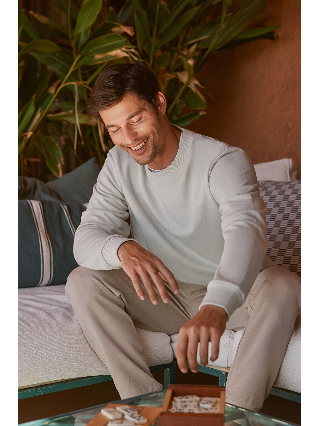 Erkek Bej Standart Fit Normal Kesim Bisiklet Yaka Pamuklu Sweatshirt