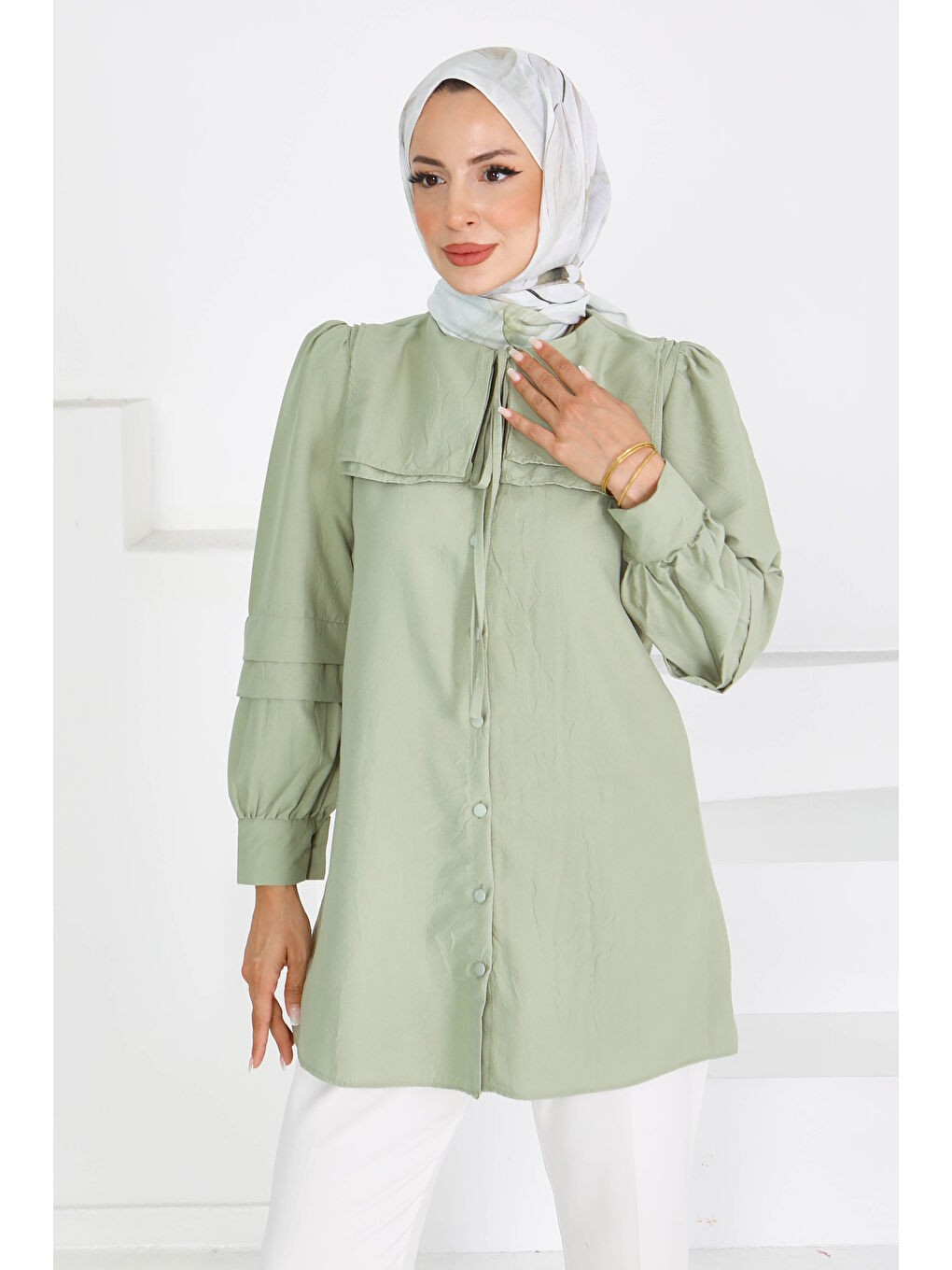 Kare Yaka Detaylı Dokuma Tunik Haki - 27607