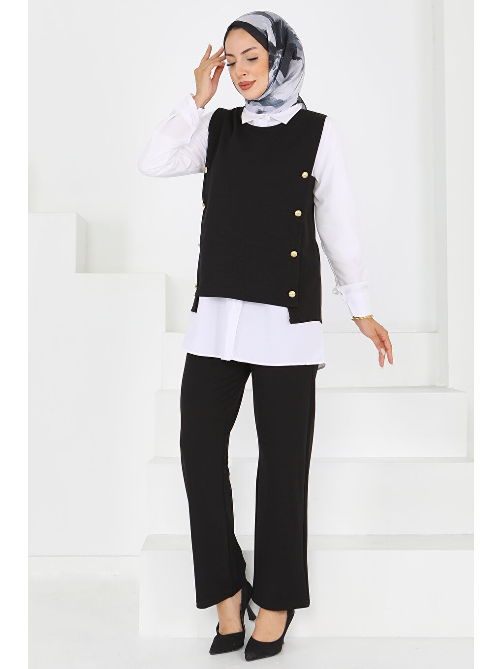 Düğmeli Süveter Pantolon Mira Takım Siyah - 27613-2