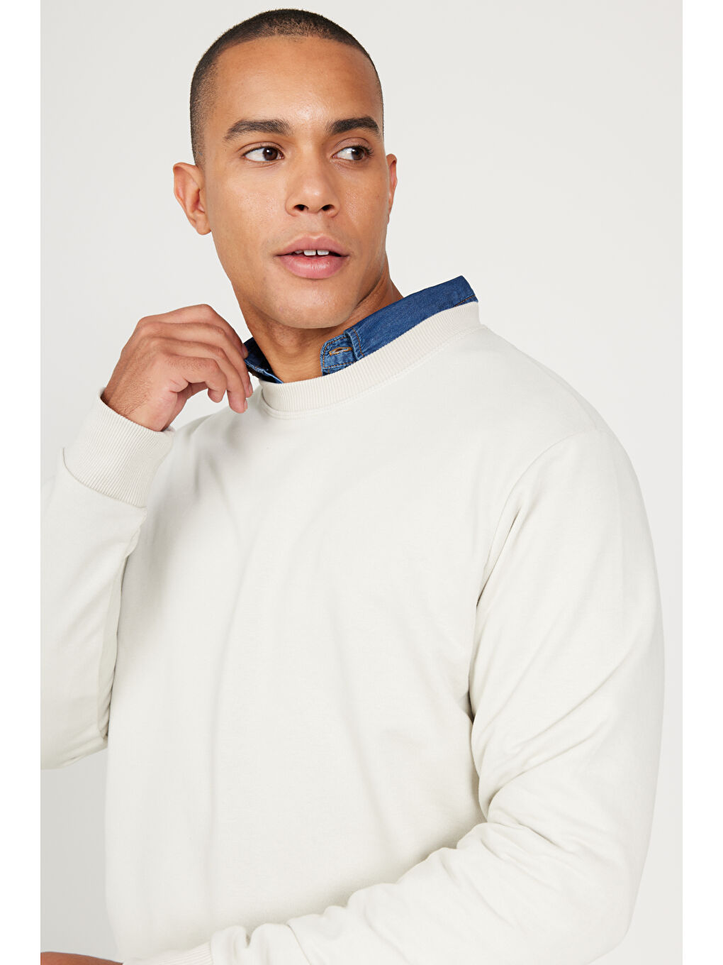 Erkek Bej Standart Fit Normal Kesim Bisiklet Yaka Pamuklu Sweatshirt-4