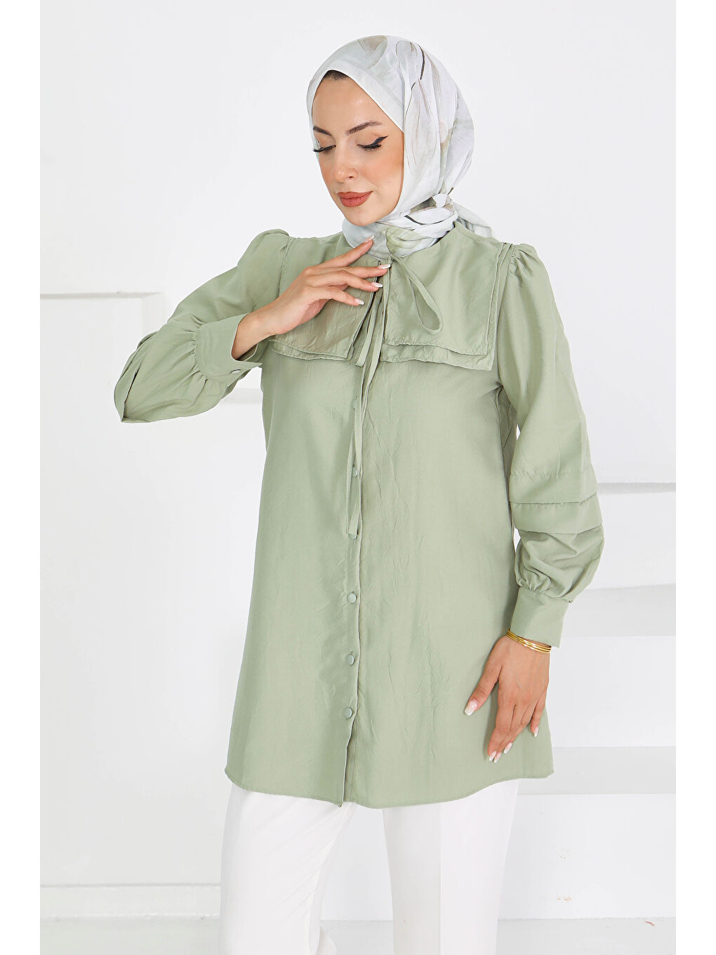Kare Yaka Detaylı Dokuma Tunik Haki - 27607-1