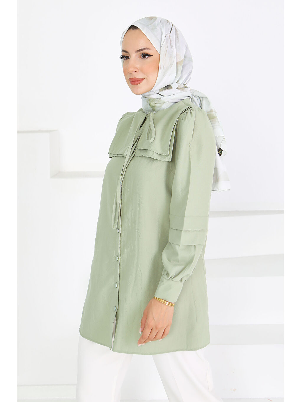 Kare Yaka Detaylı Dokuma Tunik Haki - 27607-2