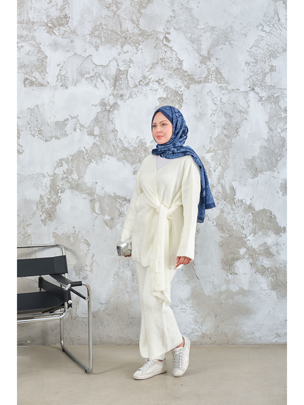 Kadın Yan Bağlama Detaylı Triko Takım Ekru-1