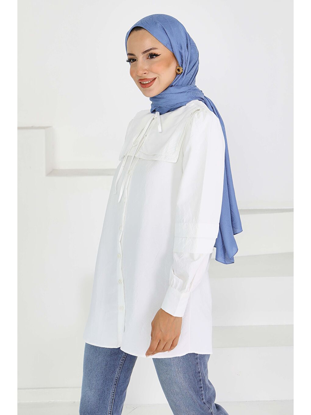 Kare Yaka Detaylı Dokuma Tunik Beyaz - 27607-1