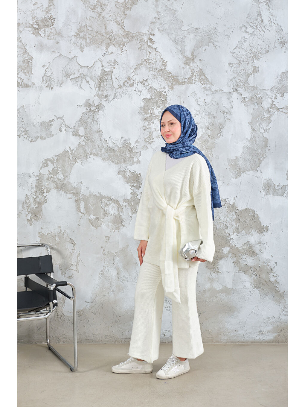 Kadın Yan Bağlama Detaylı Triko Takım Ekru-2