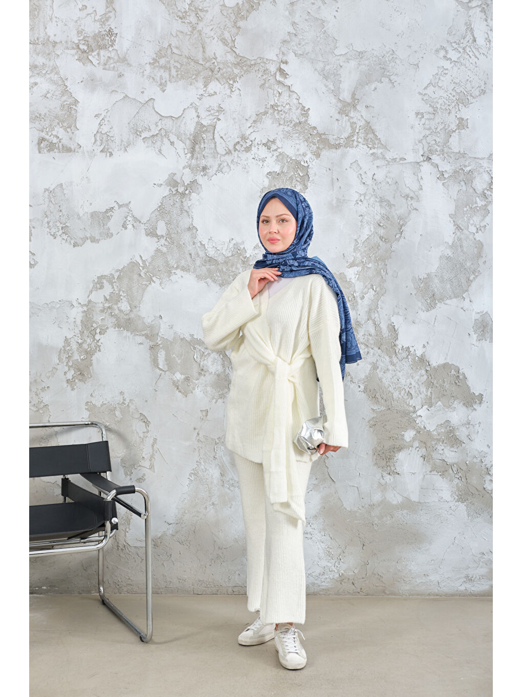 Kadın Yan Bağlama Detaylı Triko Takım Ekru-3