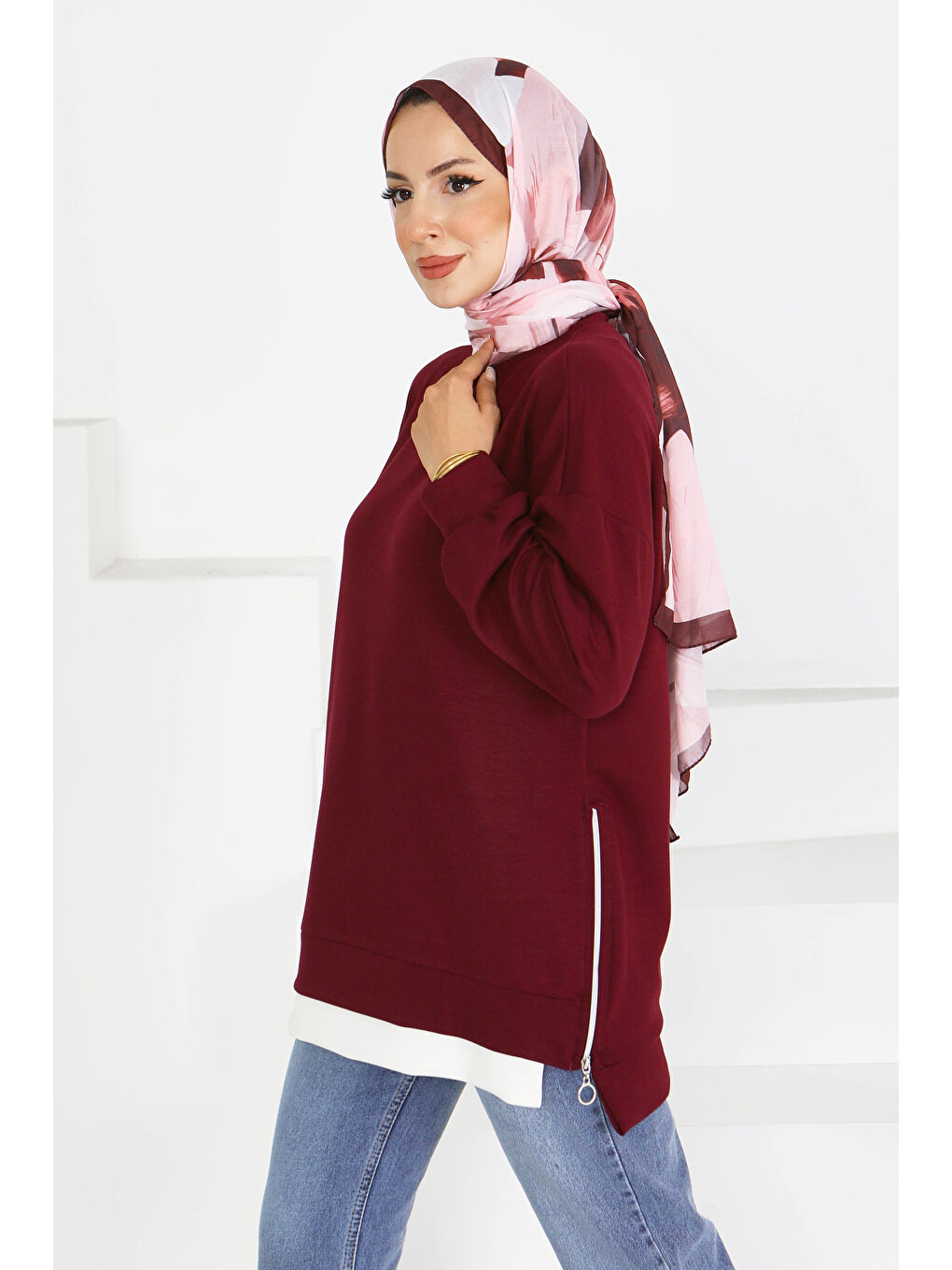 Garnili Fermuarlı İki İplik sweatshirt Mürdüm - 27610