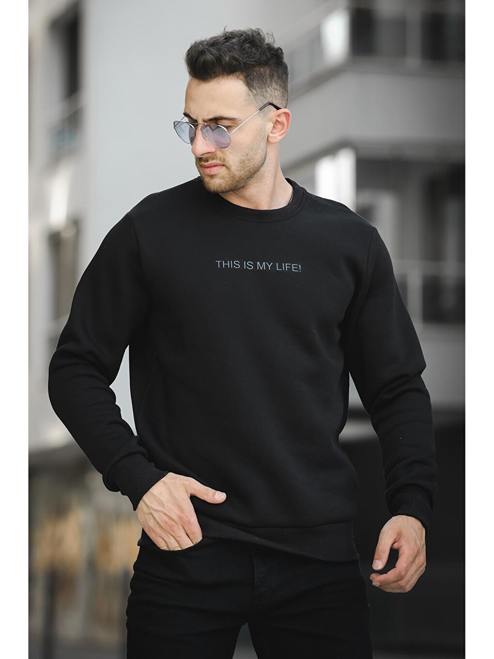 Oksit Siyah Üç İplik Şardonlu Kabartma Baskılı Bisiklet Yaka Erkek Sweatshirt - 1