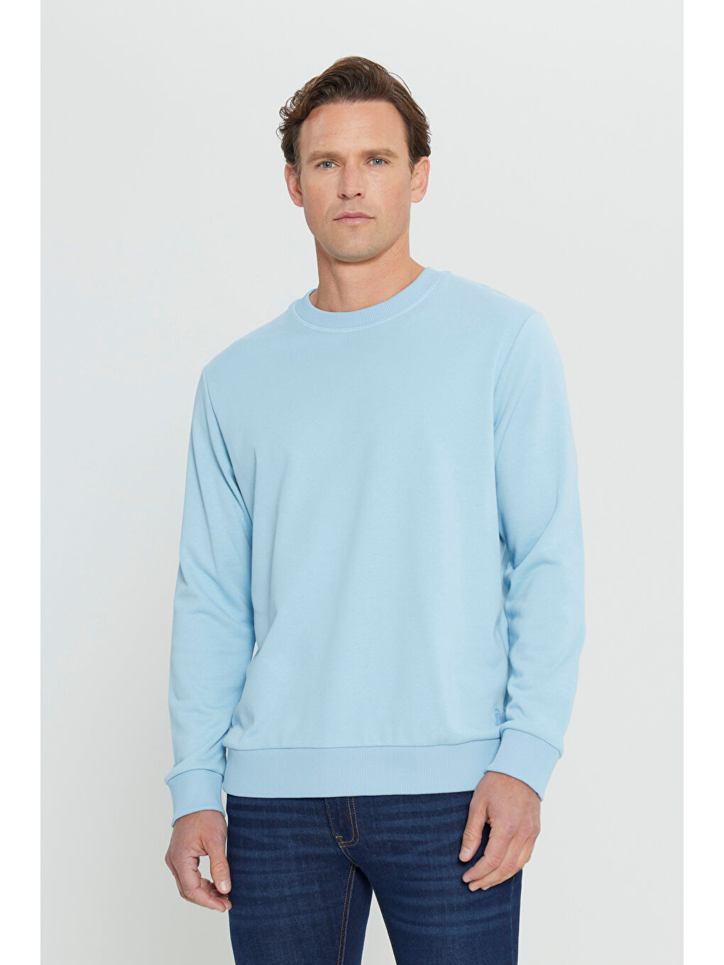 Erkek Açık Mavi Standart Fit Normal Kesim Bisiklet Yaka Pamuklu Sweatshirt-2