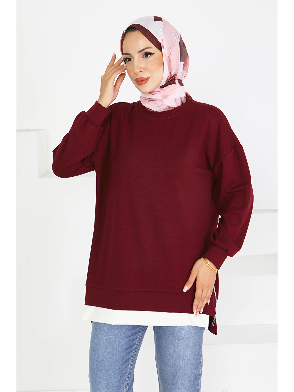 Garnili Fermuarlı İki İplik sweatshirt Mürdüm - 27610-1