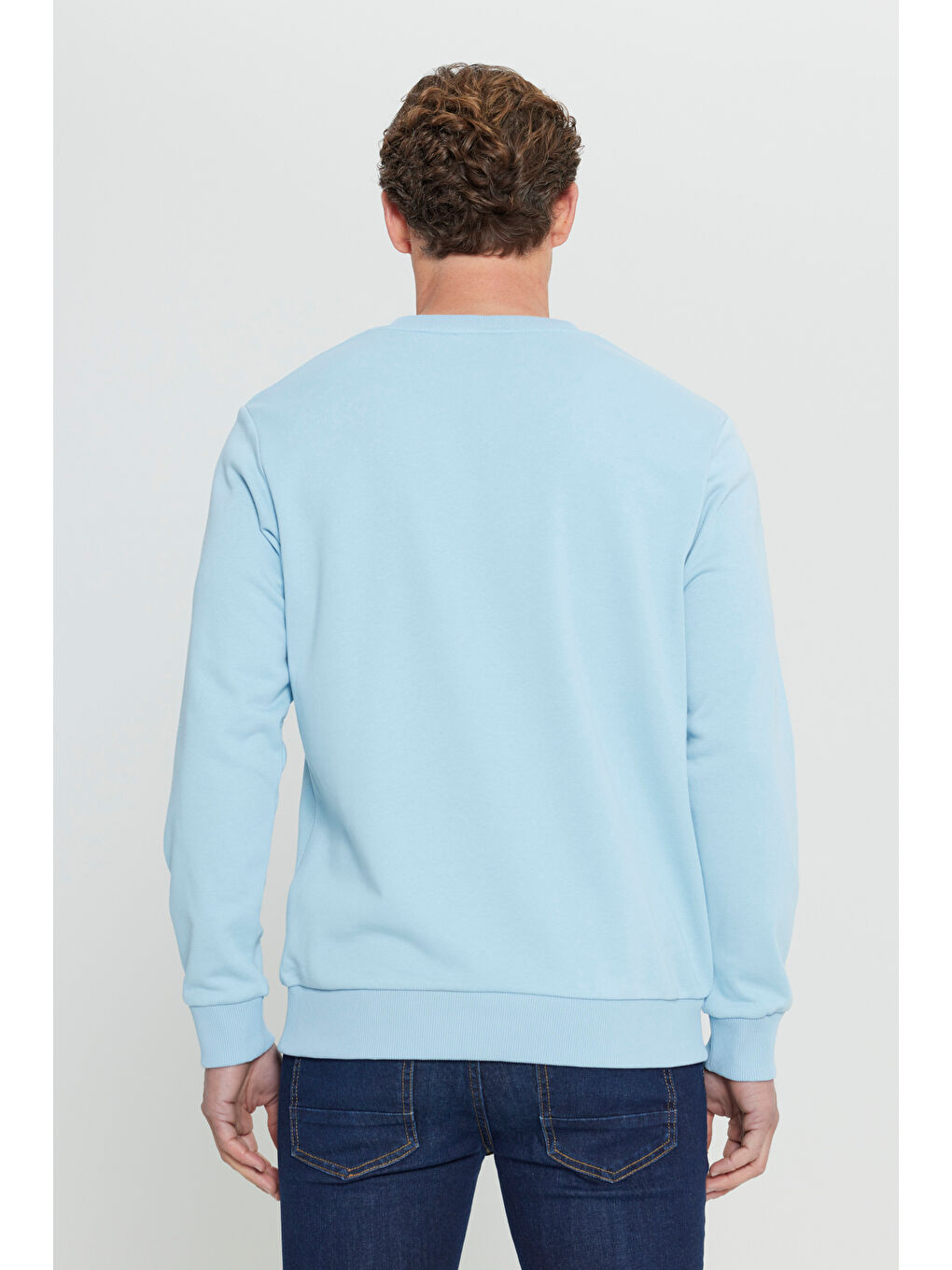 Erkek Açık Mavi Standart Fit Normal Kesim Bisiklet Yaka Pamuklu Sweatshirt-4