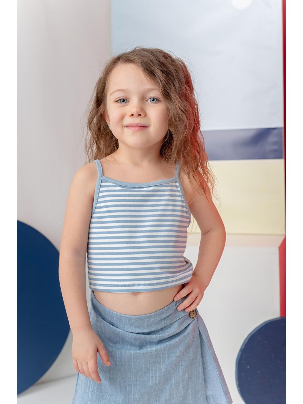 Kız Çocuk Crop Çizgili Atlet - Mavi Çizgili