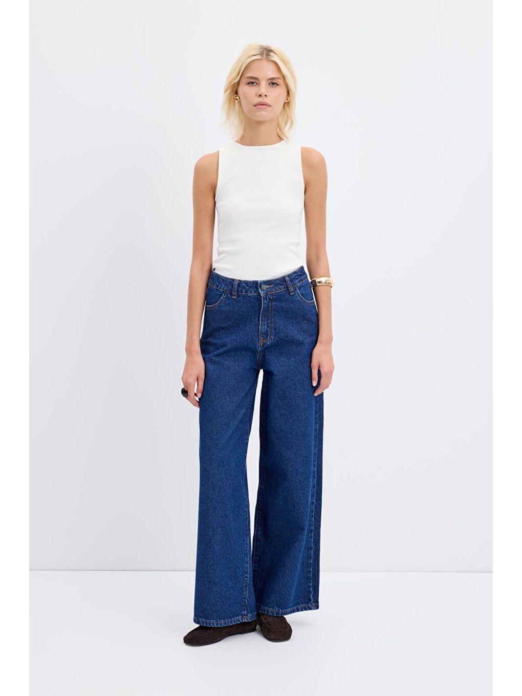 Yüksek Bel Geniş Paça Gabardin Pantolon Koyu Mavi