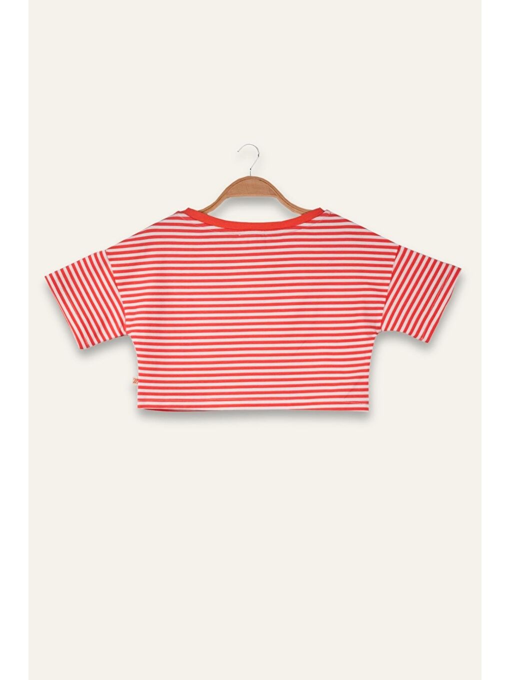 Kırmızı Kız Çocuk Çizgili Çep Detaylı Crop T-Shirt - Coral Çizgili-1