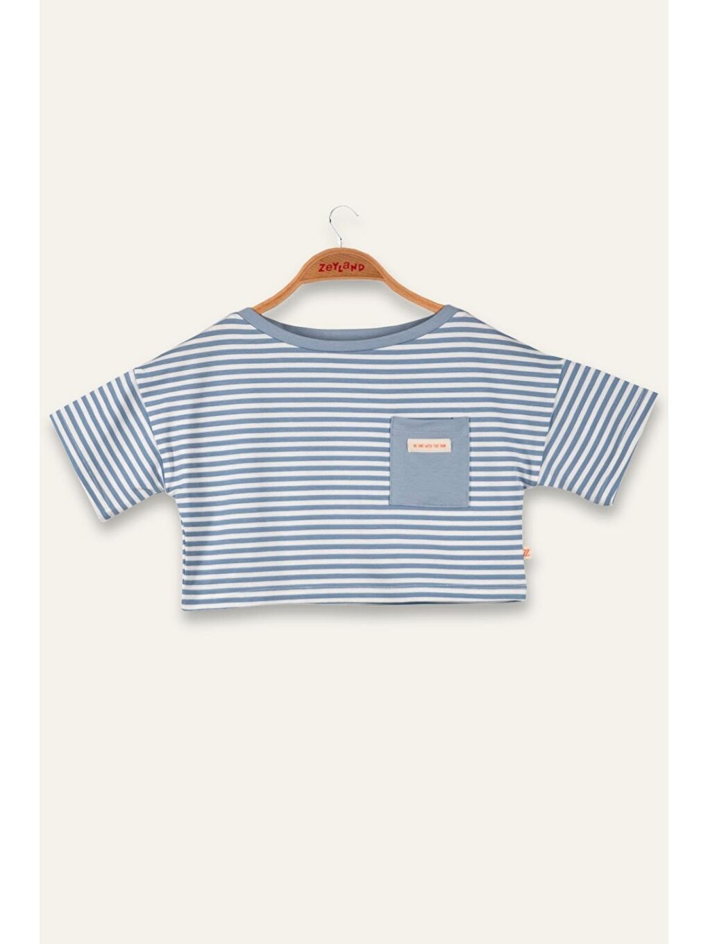 Kız Çocuk Çizgili Çep Detaylı Crop T-Shirt - Mavi Çizgili