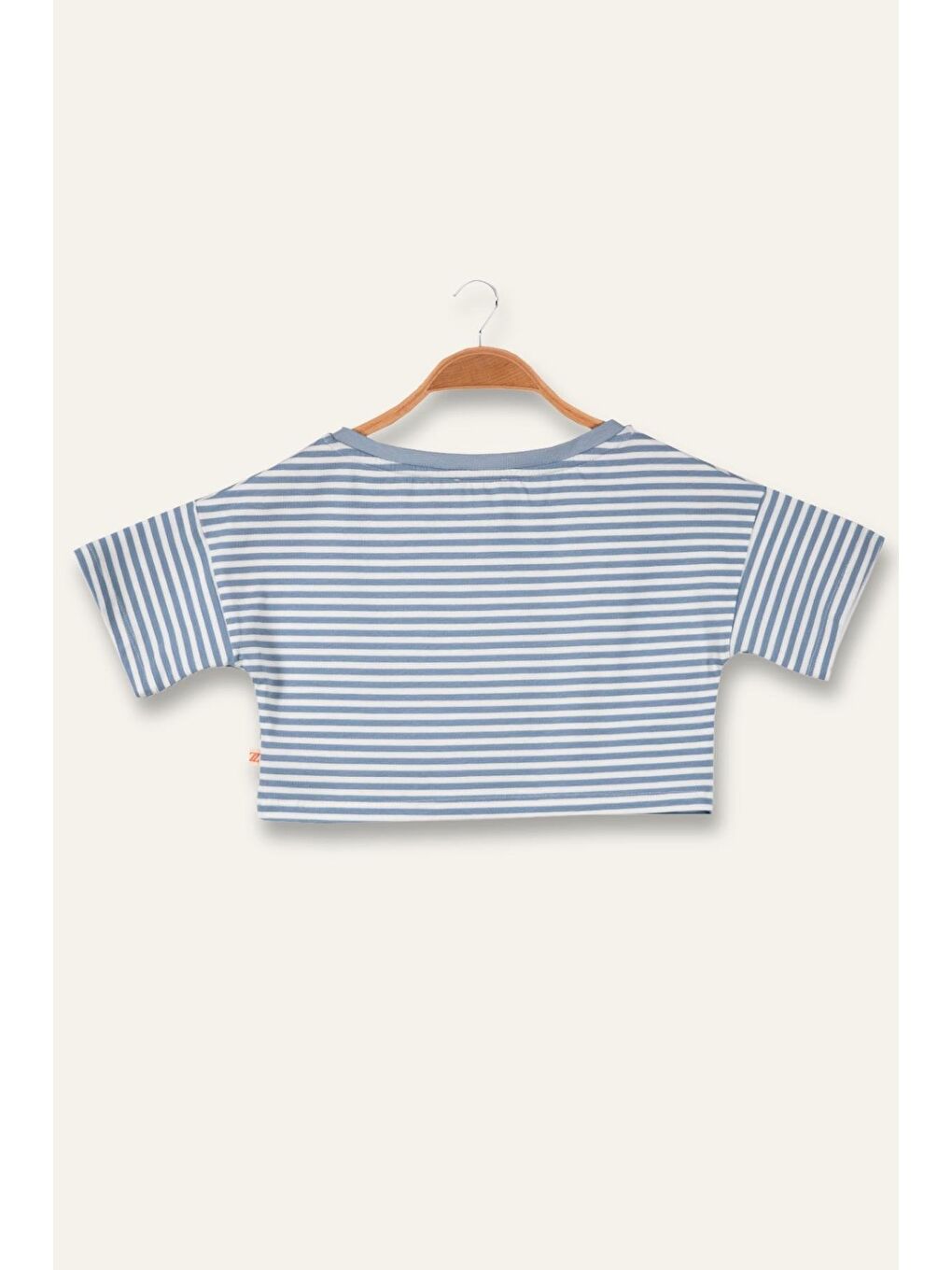 Kız Çocuk Çizgili Çep Detaylı Crop T-Shirt - Mavi Çizgili-1