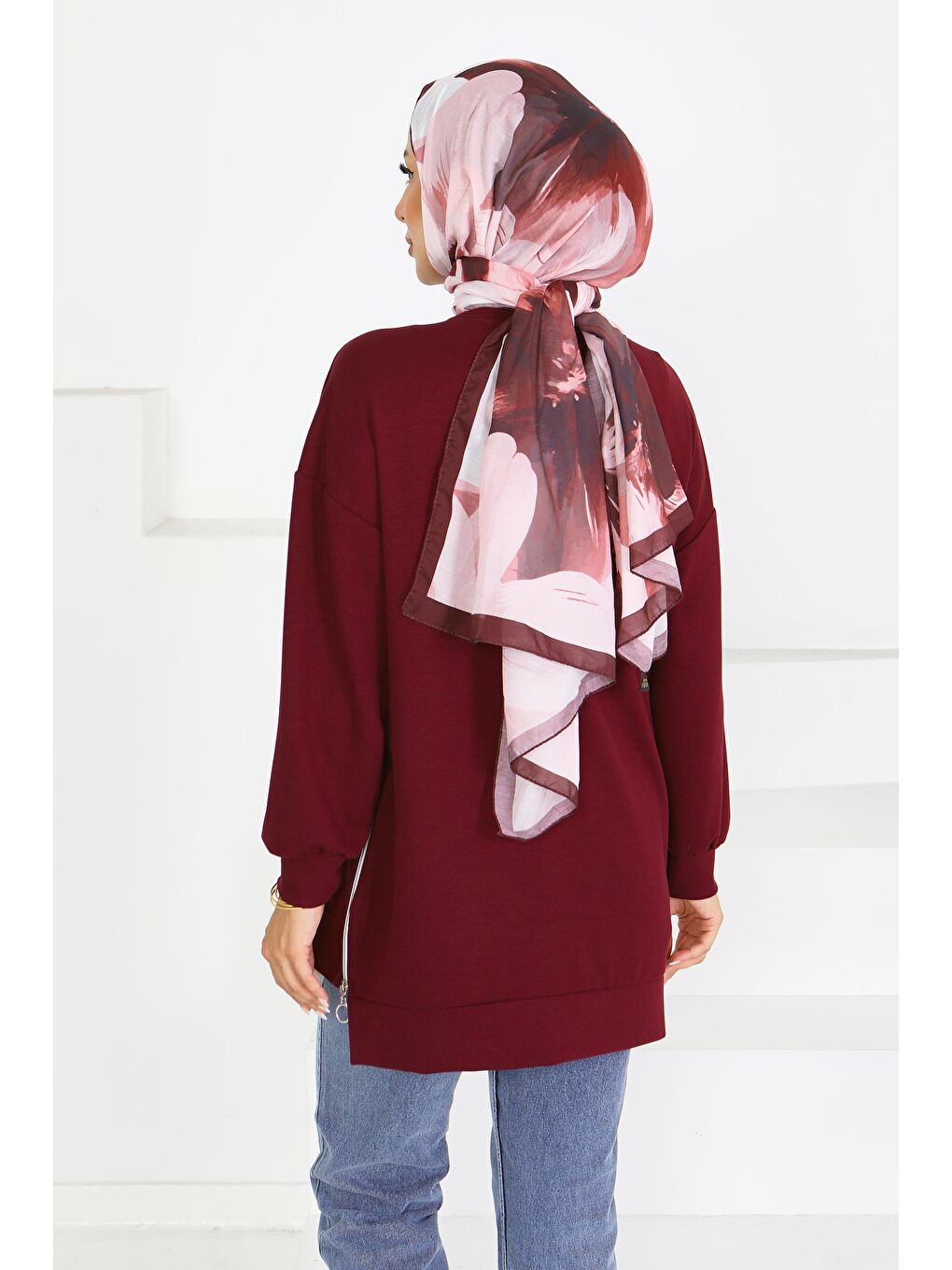 Garnili Fermuarlı İki İplik sweatshirt Mürdüm - 27610-3