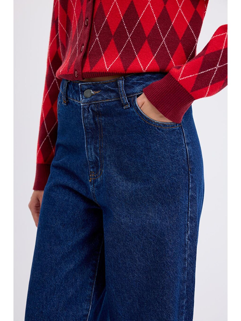 Yüksek Bel Geniş Paça Gabardin Pantolon Koyu Mavi-3