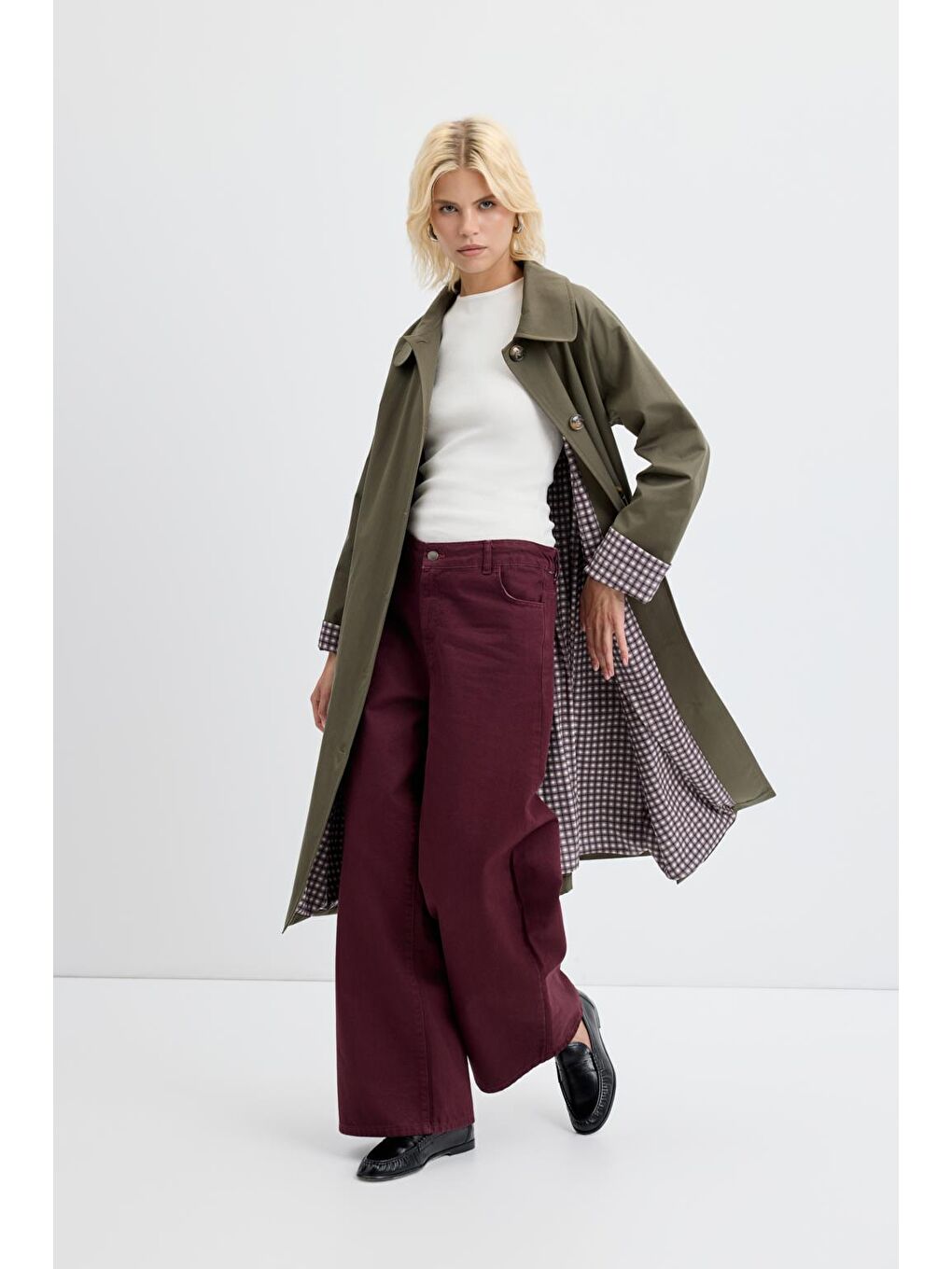 Yüksek Bel Geniş Paça Gabardin Pantolon Bordo-2