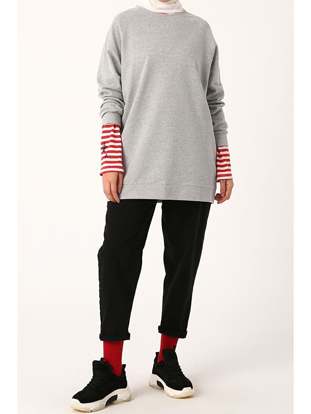 Gri Melanj-Reglan Kol Sweat-1