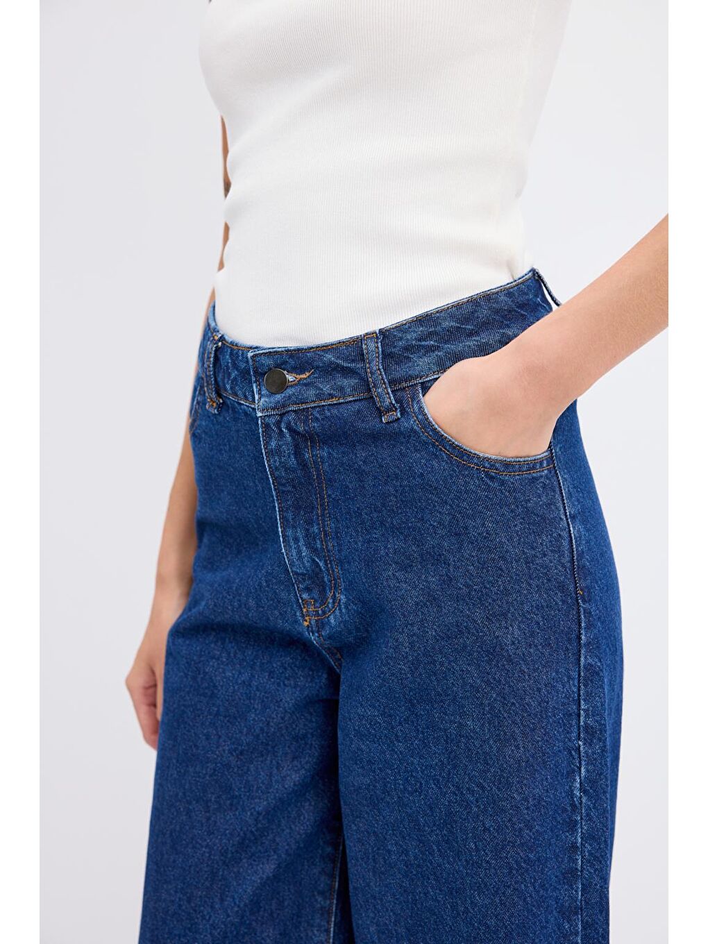 Yüksek Bel Geniş Paça Gabardin Pantolon Koyu Mavi-5