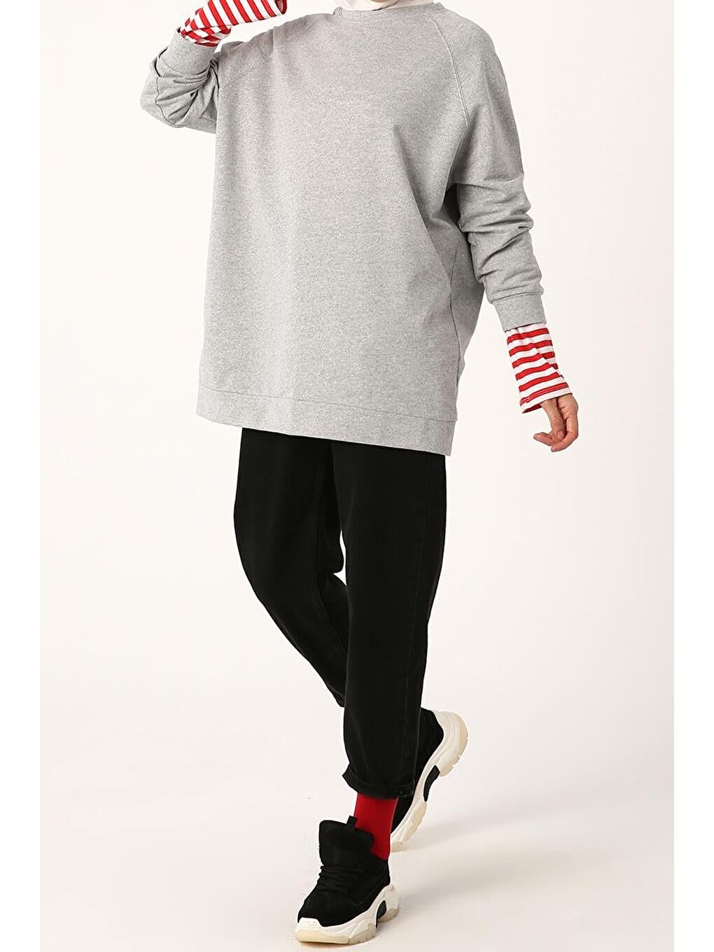 Gri Melanj-Reglan Kol Sweat-2