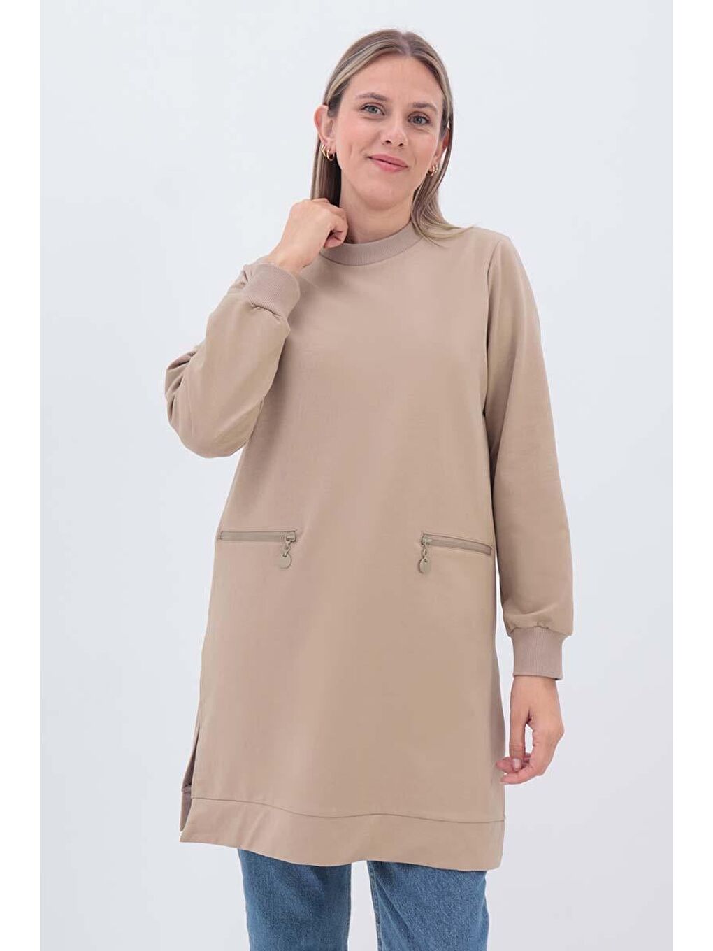 Bej-Fermuar Cepli Yırtmaçlı Sweat Tunik