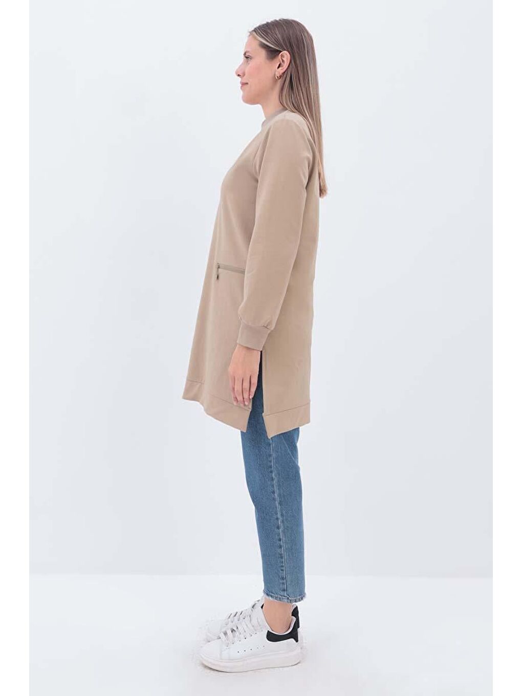 Bej-Fermuar Cepli Yırtmaçlı Sweat Tunik-2