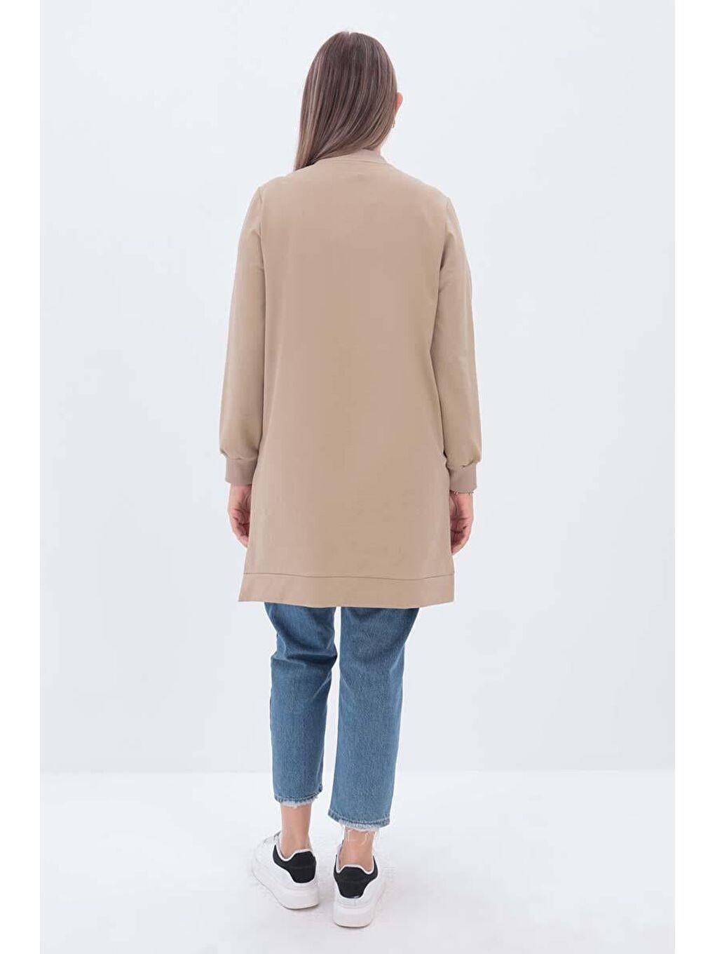 Bej-Fermuar Cepli Yırtmaçlı Sweat Tunik-3