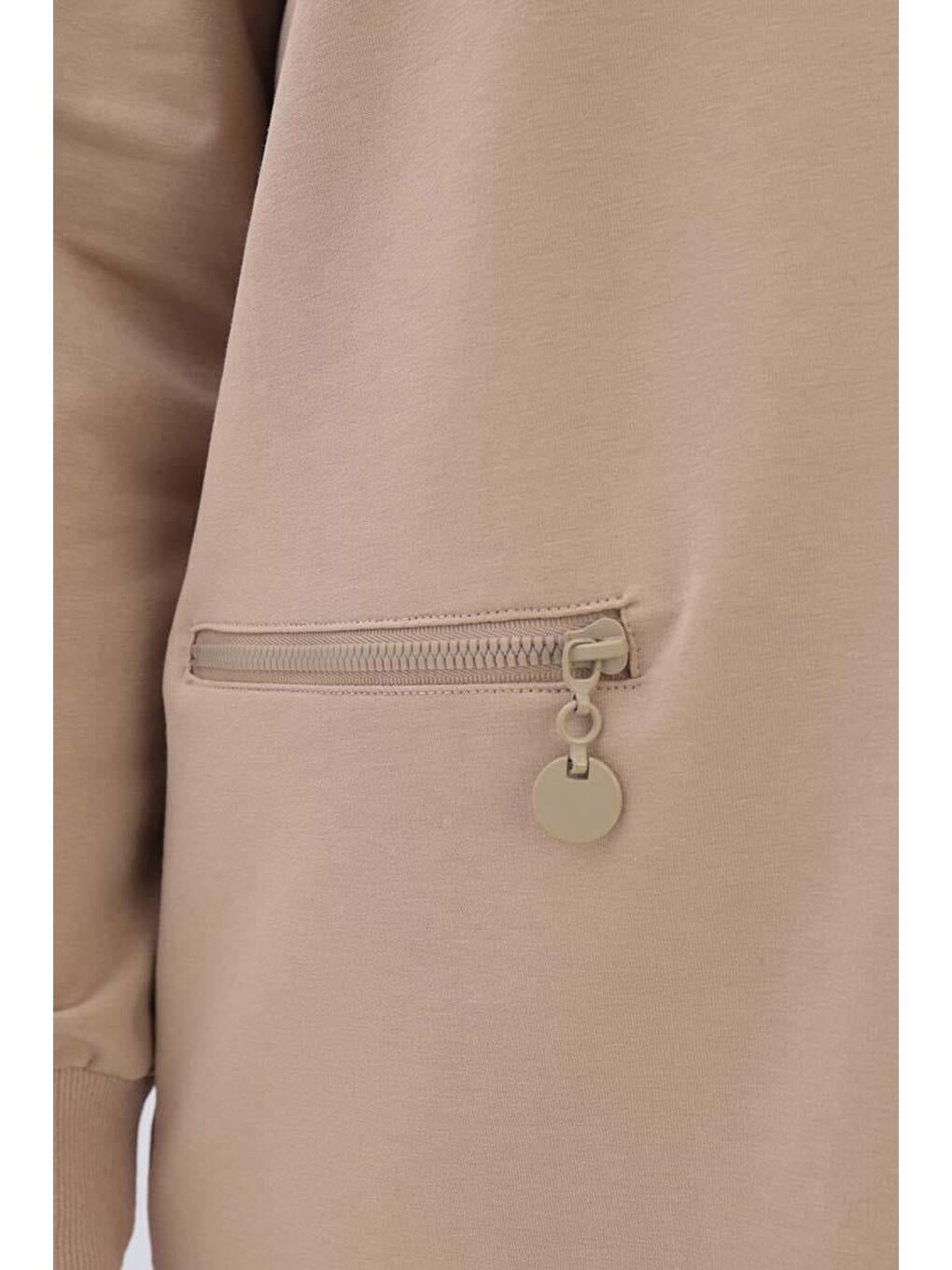 Bej-Fermuar Cepli Yırtmaçlı Sweat Tunik-4