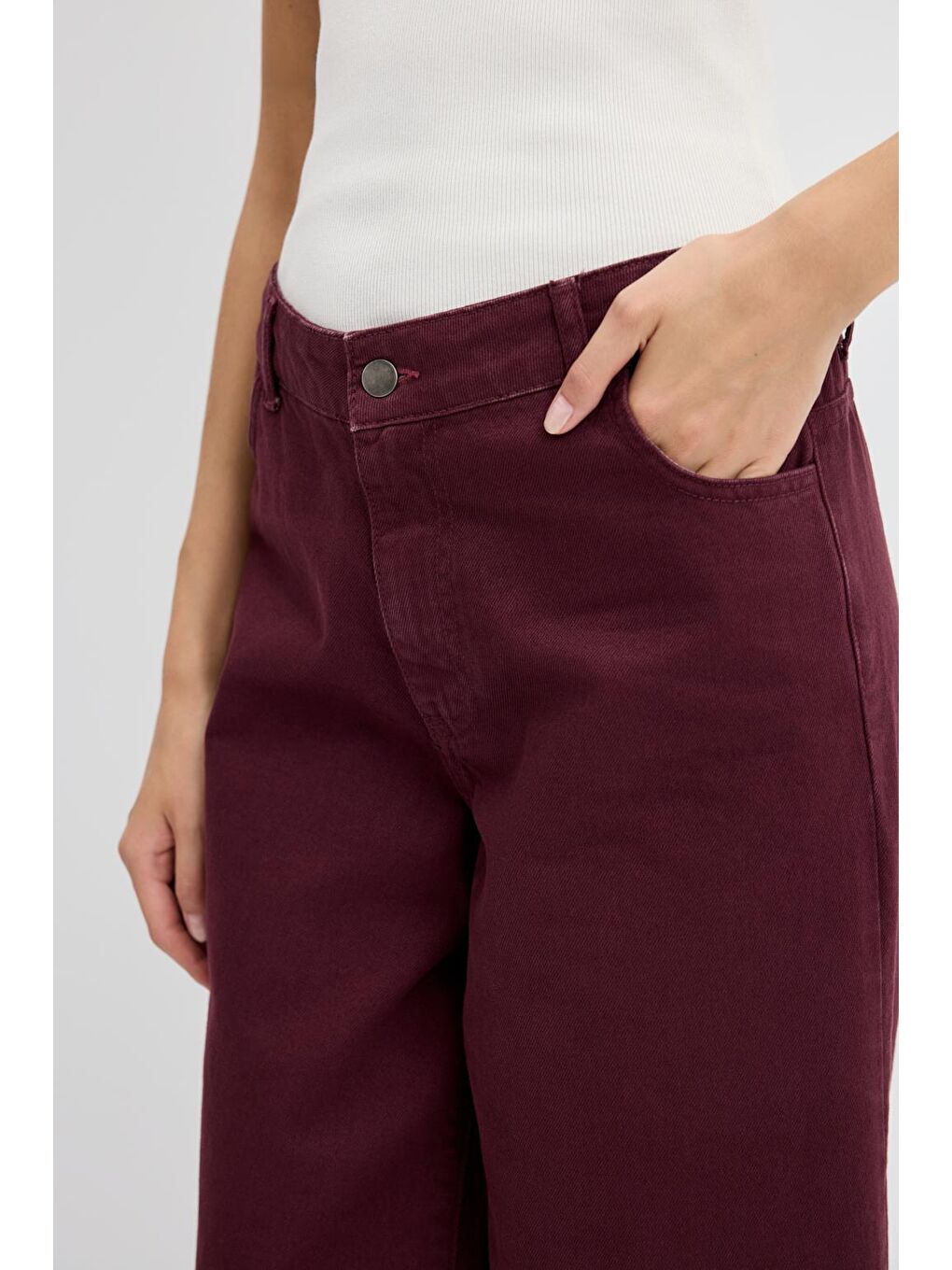 Yüksek Bel Geniş Paça Gabardin Pantolon Bordo-3