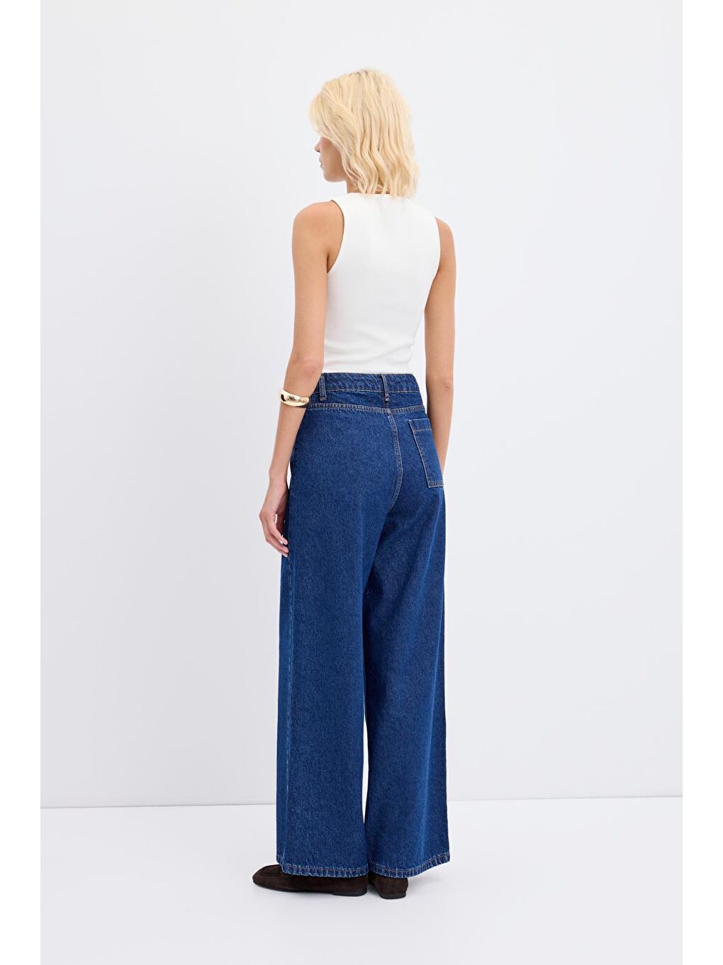 Yüksek Bel Geniş Paça Gabardin Pantolon Koyu Mavi-9