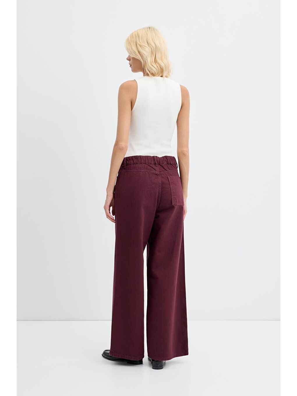 Yüksek Bel Geniş Paça Gabardin Pantolon Bordo-5