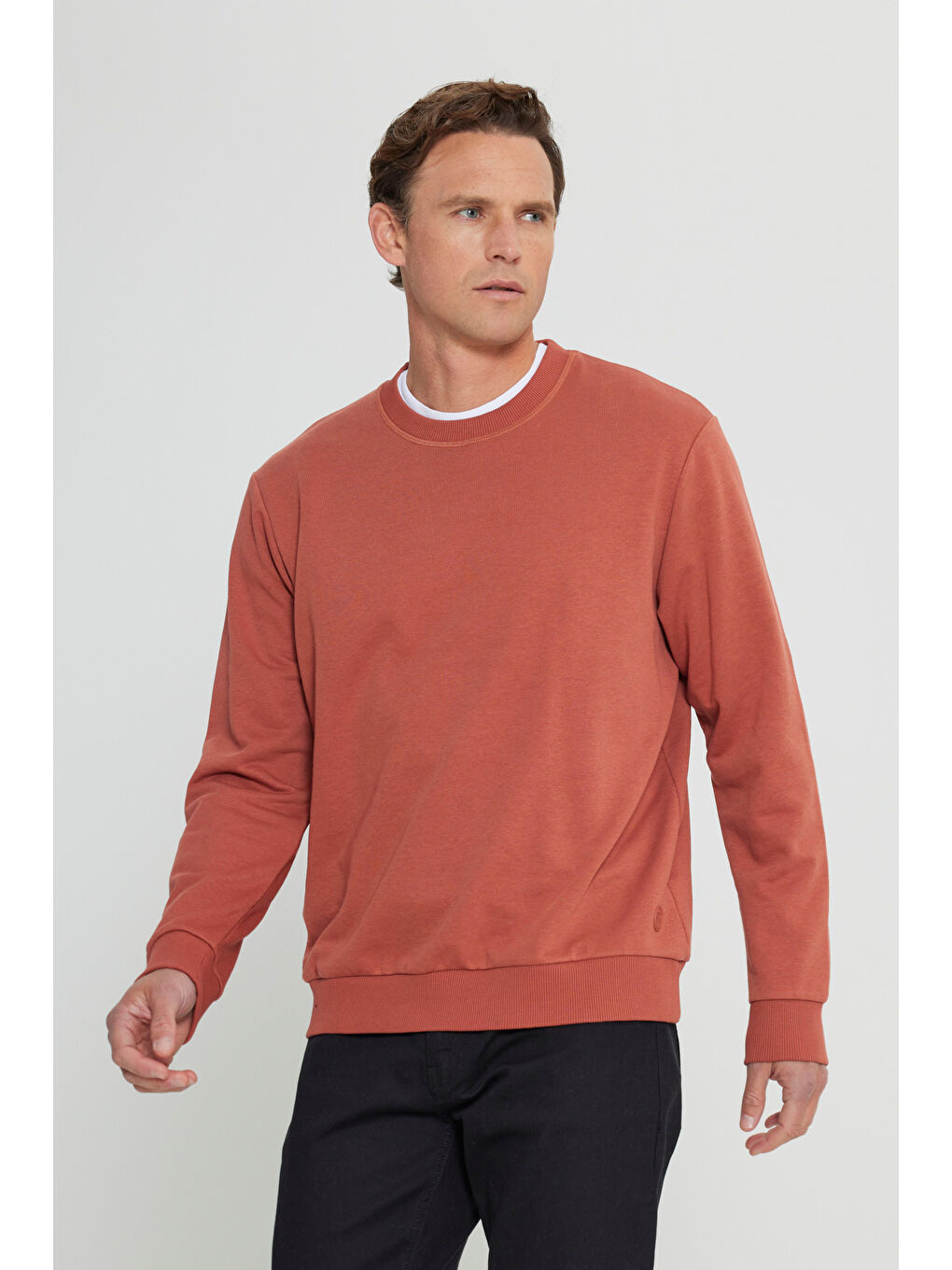 Kahverengi Erkek Açık Kahve Standart Fit Normal Kesim Bisiklet Yaka Pamuklu Sweatshirt