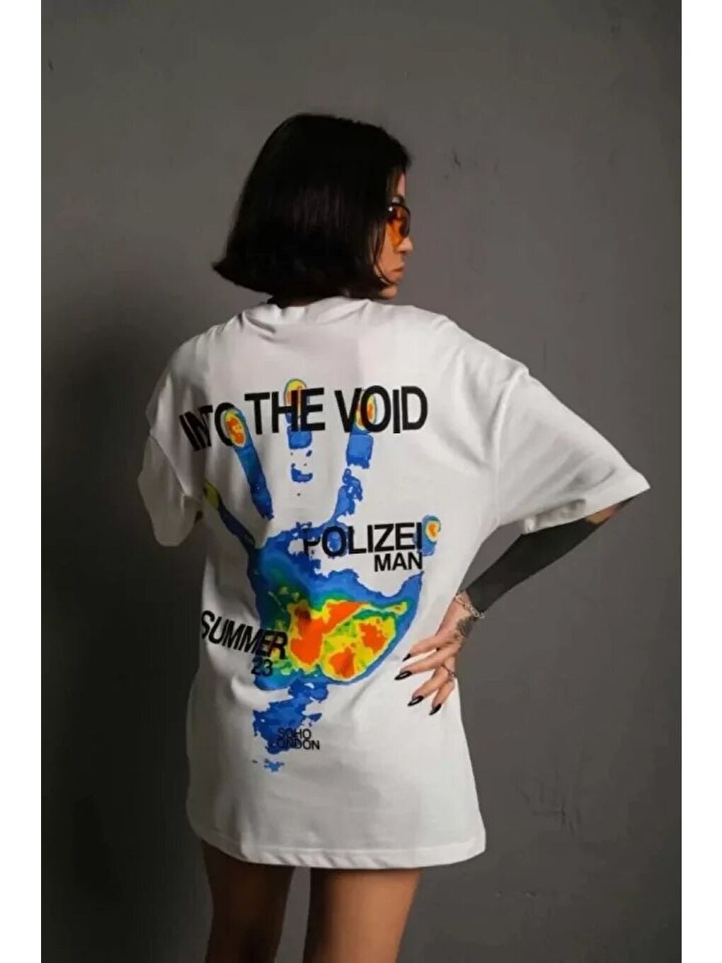 Unisex Bisiklet Yaka Baskılı Oversize T-Shirt - Beyaz-1