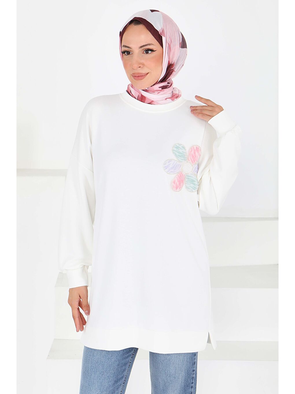 Çiçek İşlemeli Oysho Tunik Beyaz - 27672-2