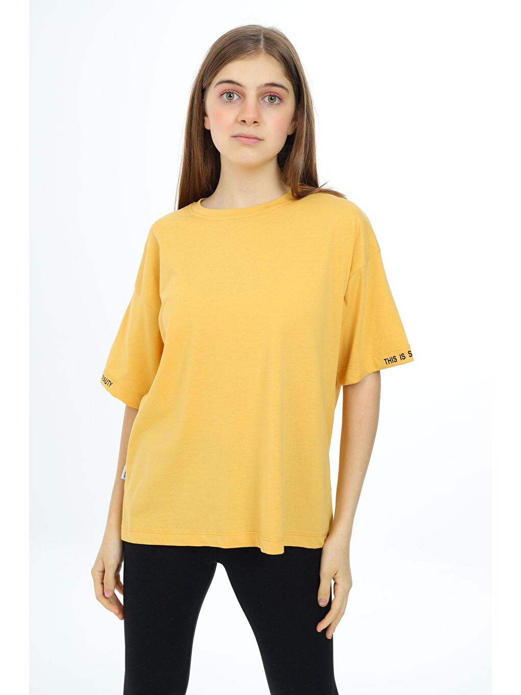 Sarı Hardal Düz Bisiklet Yaka Kız Tişört 18038